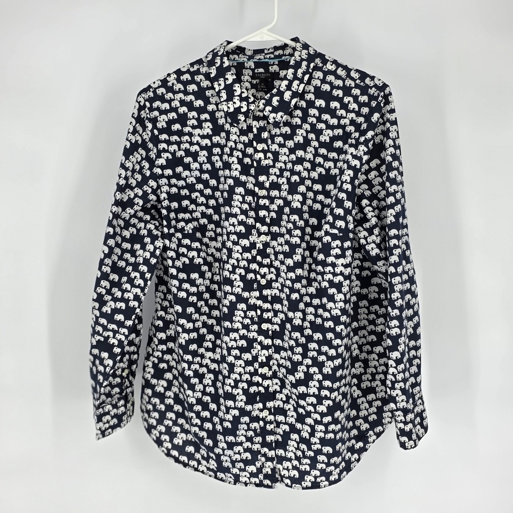 Talbots Button Down Shirt Women 1X Navy White Elephant Print Cotton Long Sleeve